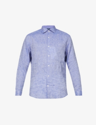 Shop Frescobol Carioca Antonio Regular-fit Cutaway-collar Linen Shirt In Melange Blue