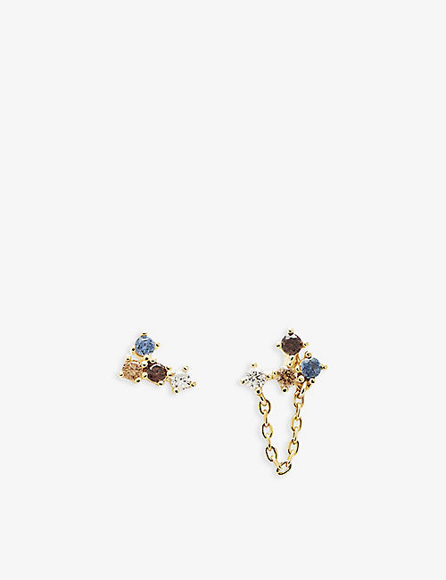 PDPAOLA: Fox 18ct yellow gold-plated sterling silver, sapphire blue corundum and zirconia earrings