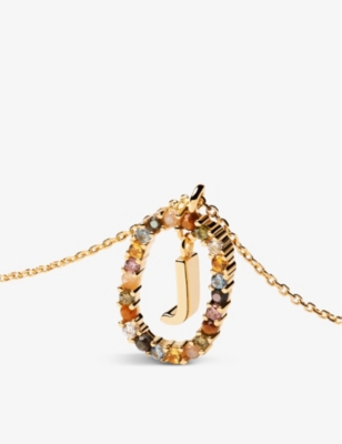 PDPAOLA: Initial J 18ct yellow gold-plated sterling-silver and semi-precious stones pendant necklace