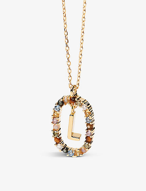 PDPAOLA: Initial L 18ct yellow gold-plated sterling-silver and semi-precious stones pendant necklace