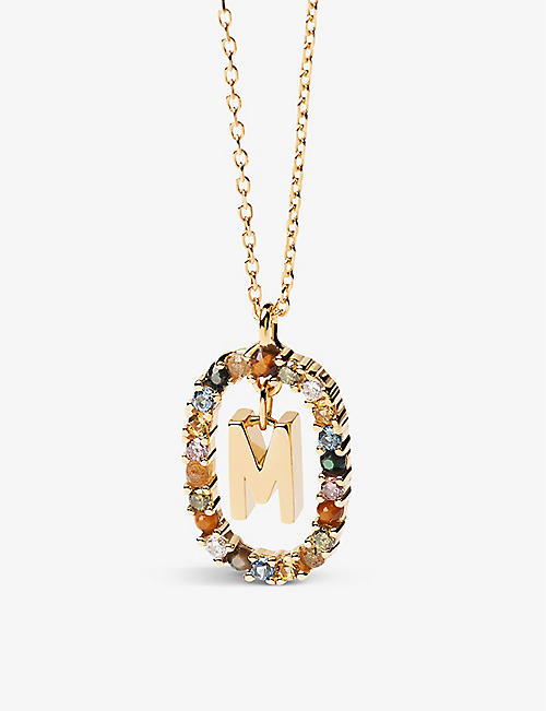 PD PAOLA: Initial M 18ct yellow gold-plated sterling-silver and semi-precious stones pendant necklace