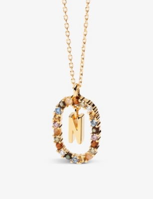 PDPAOLA: Initial N 18ct yellow gold-plated sterling silver and semi-precious stones pendant necklace