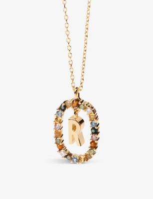 PDPAOLA: Initial R 18ct yellow gold-plated sterling-silver and semi-precious stones pendant necklace