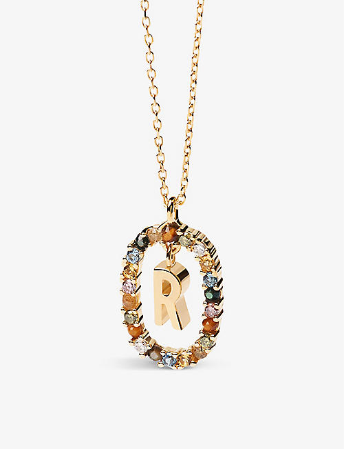 PDPAOLA: Initial R 18ct yellow gold-plated sterling-silver and semi-precious stones pendant necklace