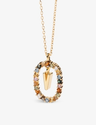 Pd Paola Initial V 18ct Yellow Gold-plated Sterling Silver And Semi-precious Stones Pendant Necklace