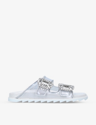 Roger Vivier Slidy Viv Strass Buckle Crystal-embellished Metallic-woven Sliders In Silver