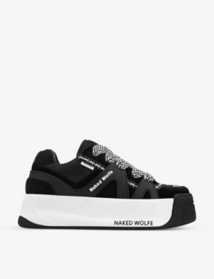 Shop Naked Wolfe Men's Blk/white Slide Leather, Suede And Mesh Platform Trainers In Black