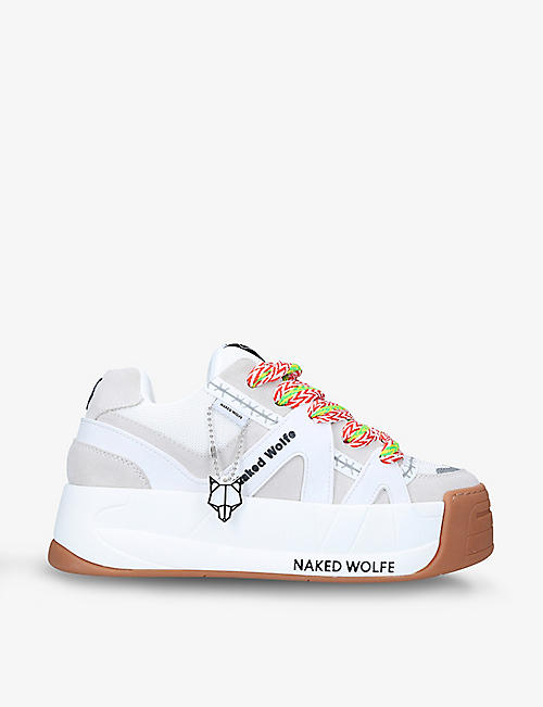 NAKED WOLFE: Slide leather, suede and mesh platform trainers