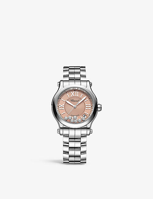 CHOPARD: 278559-3025 Happy Sport stainless-steel and 0.35ct diamond self-winding mechanical watch