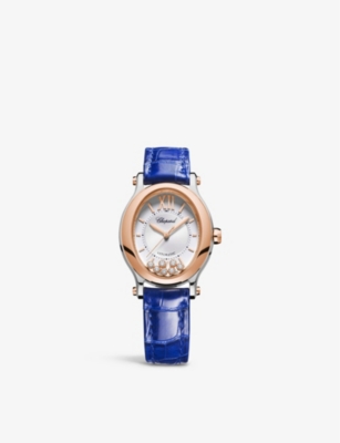 CHOPARD 278602 6001 Happy Sport 18ct rose gold 0.19ct diamond and alligator embossed leather automatic watch Selfridges