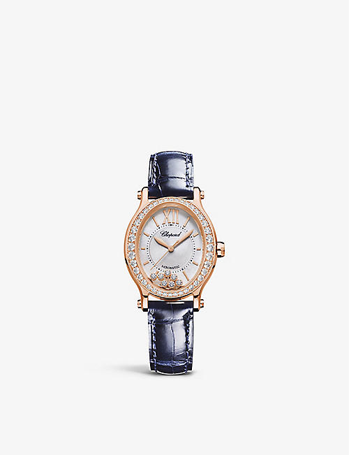 CHOPARD: 275362-5002 Happy Sport 18ct rose-gold, 1.42ct diamond and alligator-embossed leather watch