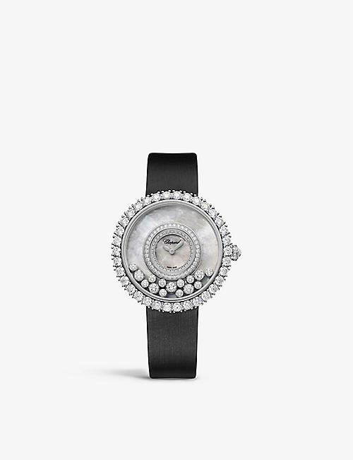 CHOPARD: 204445-1001 Happy Diamonds Icons 18ct white-gold, 5.01ct diamond and fabric quartz watch