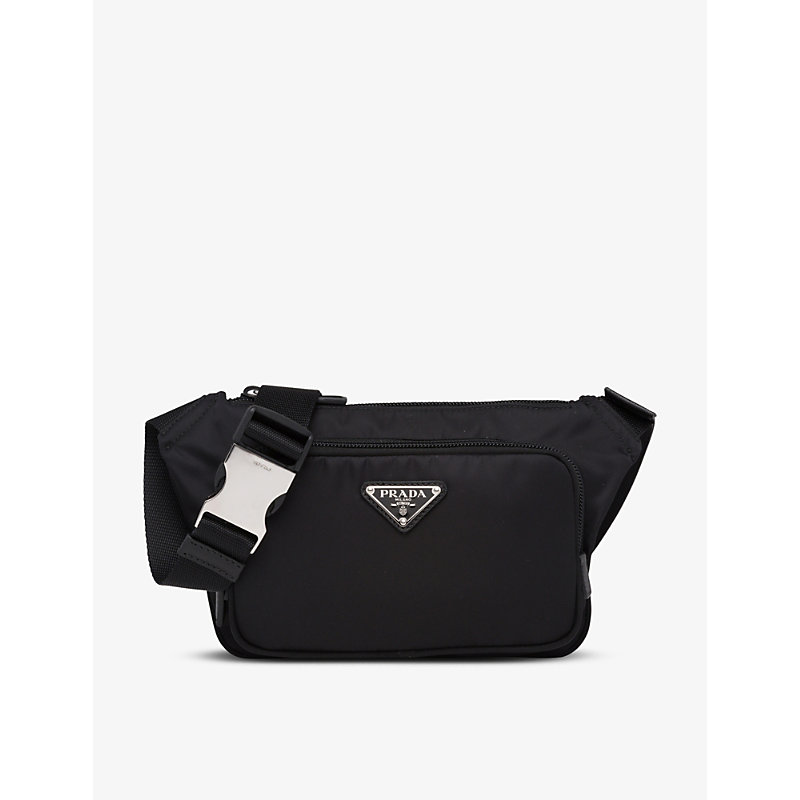 Prada Re-nylon Branded Recycled Nylon And Leather Shoulder Bag In Black