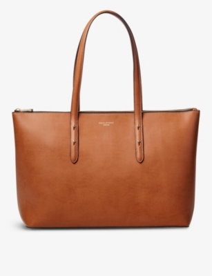 Zipped Regent Tote in Tan Woven Leather