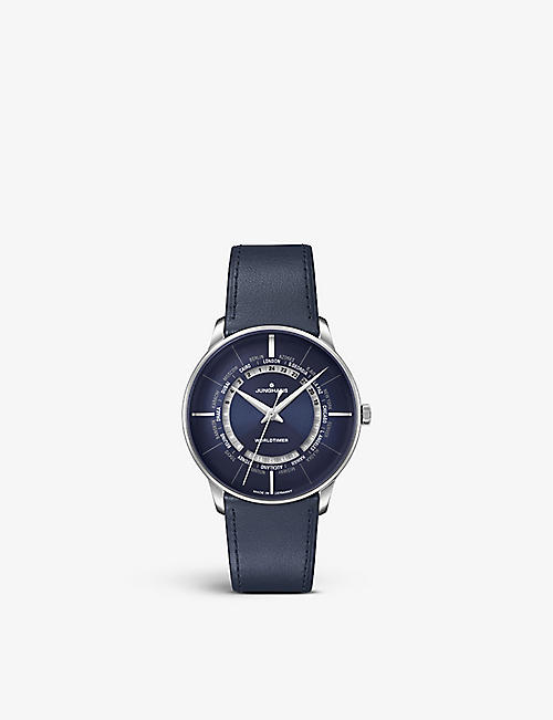 JUNGHANS: 027/3010.02 Meister Worldtimer stainless-steel and leather automatic watch
