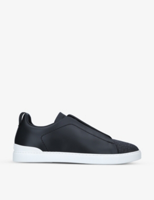 Shop Ermenegildo Zegna Zegna Men's Black Triple Stitch Low-top Leather And Fabric Trainers