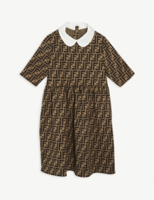 Shop Fendi Girls Nocciola+marrone Kids Ff Logo Peter Pan Jersey Dress 8-14 Years
