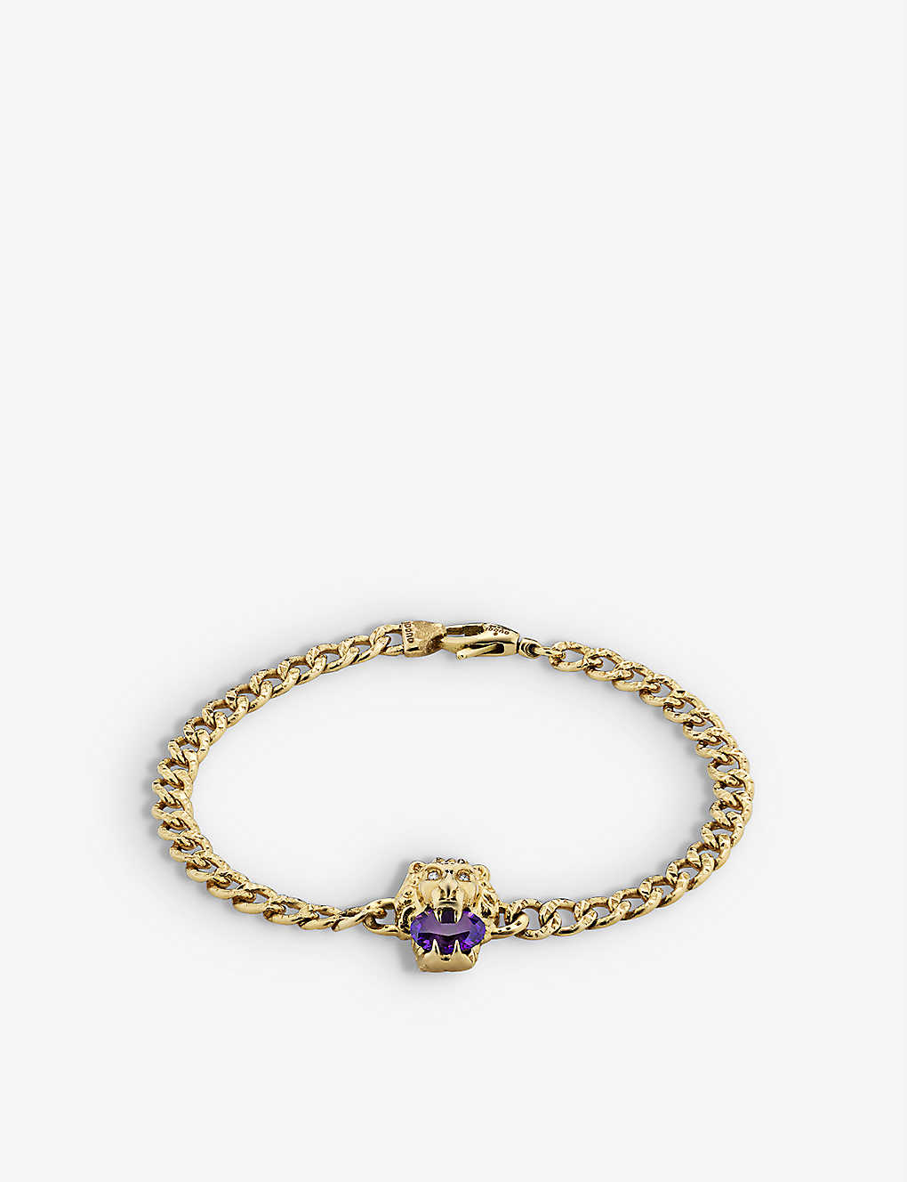 GUCCI GUCCI WOMENS YELLOW GOLD LIONHEAD 18CT YELLOW GOLD, AMETHYST AND 0.01CT DIAMOND BRACELET,46524639