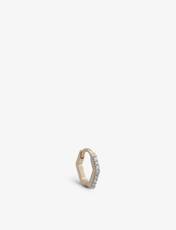 Hexagonal 9ct yellow-gold and diamond single huggie hoop earring