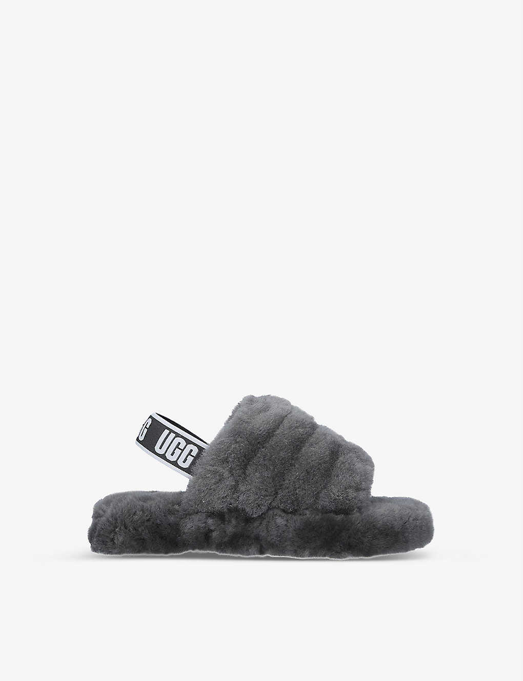 Shop Ugg Girls Grey Kids Fluff Yeah Logo-strap Sheepskin Sandals 7-9 Years