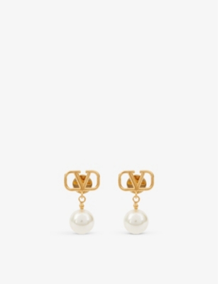 Shop Valentino Garavani Women's Oro 18/cream Vlogo Brass And Pearl Earrings
