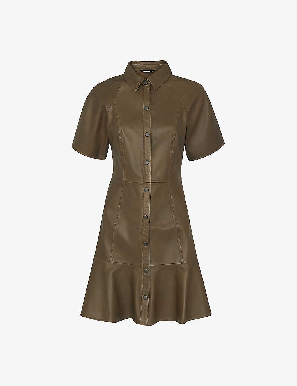 Whistles Button-down Flared Leather Mini Dress In Khaki/olive