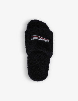Shop Balenciaga Men's Black Logo-embroidered Faux-fur Sliders