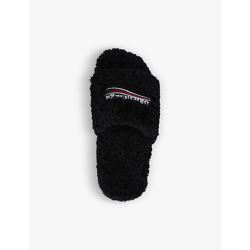 Shop Balenciaga Logo-embroidered Faux-fur Sliders In Black