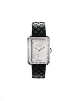 Pre-owned Chanel Womens Black & Silver H6402 Boy·friend Steel, Leather And 0.71ct Diamond Quartz Watch