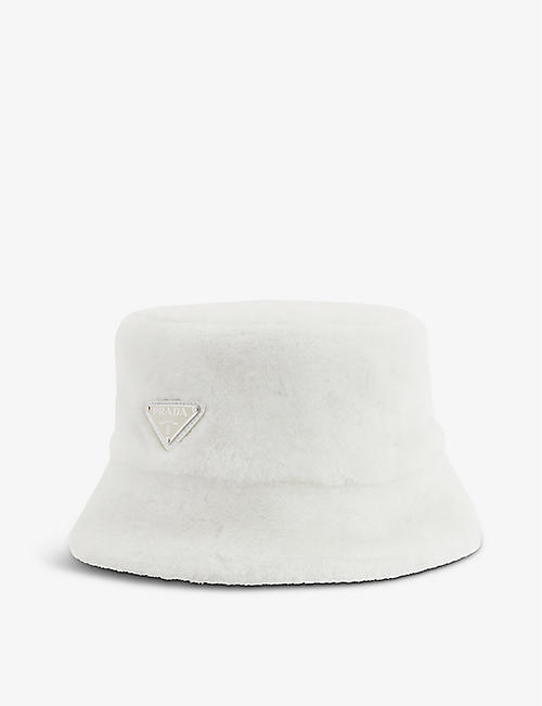 PRADA: Logo-plaque shearling bucket hat