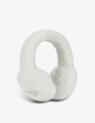 Prada Cream and Gray Fur Earmuffs Prada Cream Shearling Triangle Logo Plaque Earmuffs Prada  main image 3