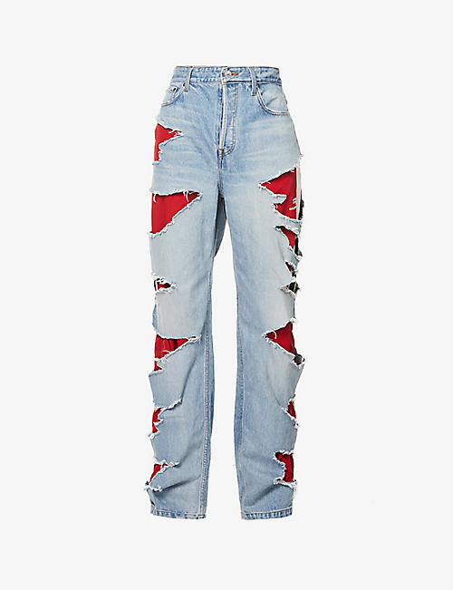BALENCIAGA: Slashed shell-underlay relaxed-fit wide leg jeans