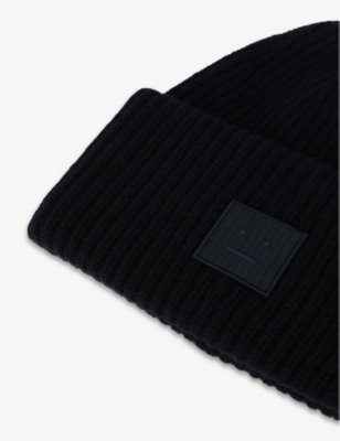 Shop Acne Studios Women's Black Face Logo-patch Wool Beanie Hat