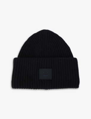 Shop Acne Studios Women's Black Face Logo-patch Wool Beanie Hat