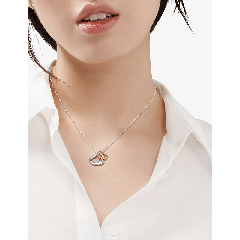Shop Tiffany & Co Womens Silver/rose Gold Open Heart Sterling-silver And 18ct Rose-gold Pendant Necklace