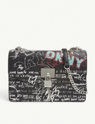 DKNY Elissa Leather Graffiti Logo Chain Strap Shoulder Bag