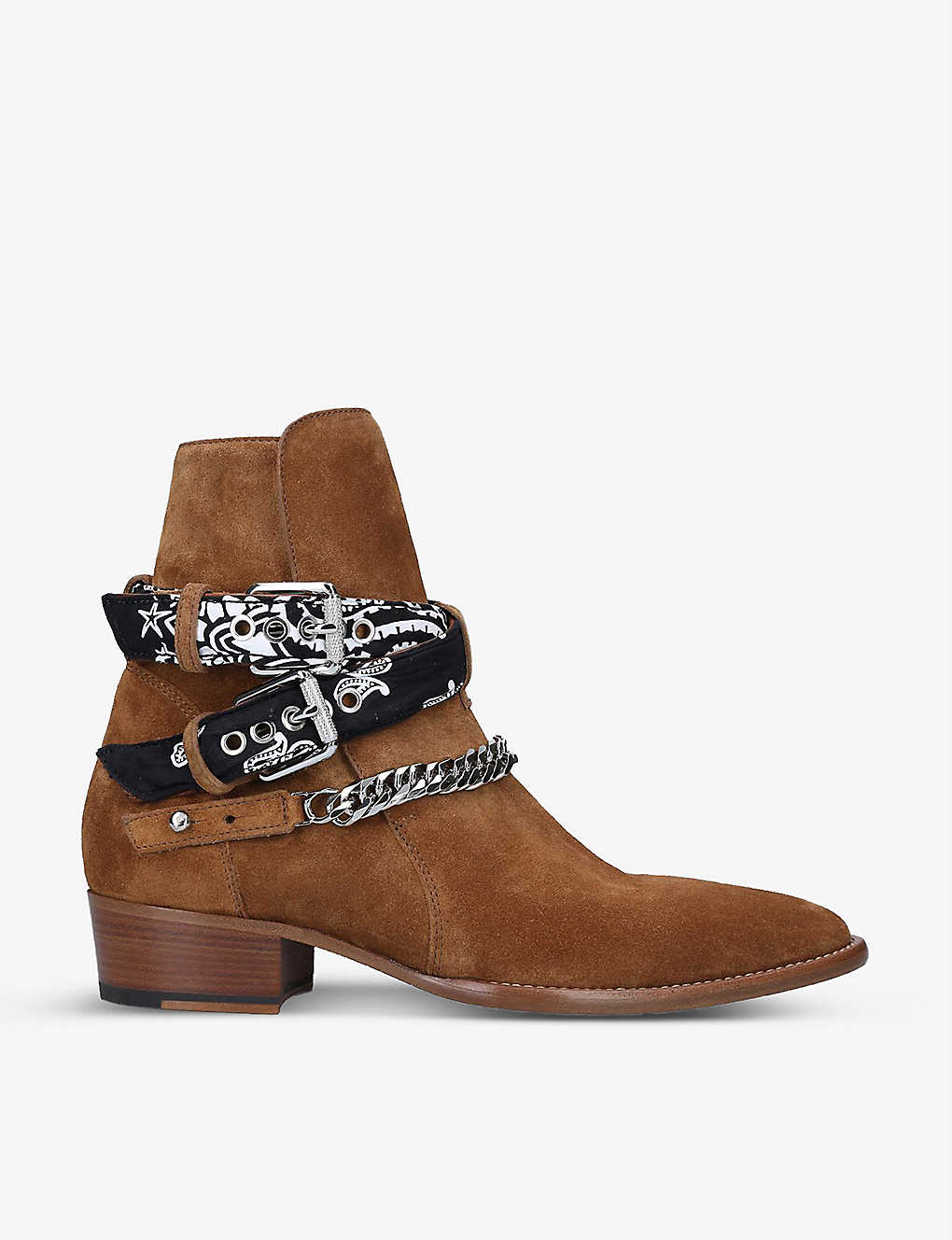 Shop Amiri Bandana Buckled Suede Boots In Taupe