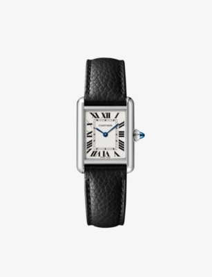 Cartier Crwsta0042 Tank Must Small Stainless-steel And Grained-leather Quartz Watch In Steel/ Black