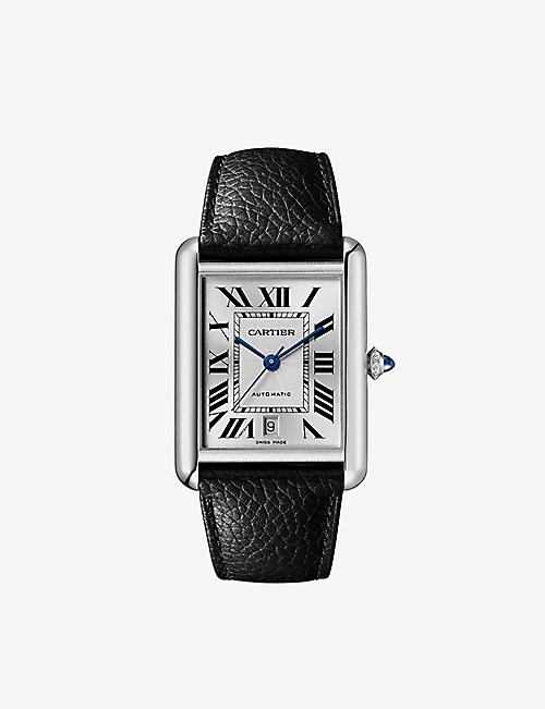CARTIER: CRWSTA0040 Tank Must extra-large stainless-steel and grained-leather automatic watch