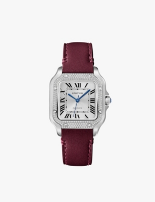 CARTIER: CRW4SA0005 Santos de Cartier Large Model stainless-steel, 0.64ct diamond and interchangeable leather strap automatic watch