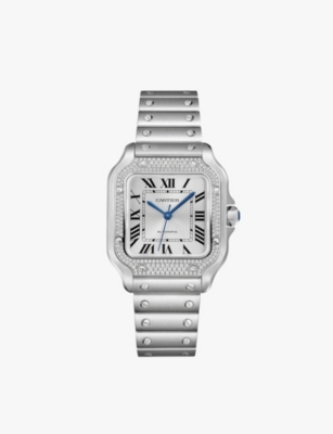 CARTIER: CRW4SA0005 Santos de Cartier Large Model stainless-steel, 0.64ct diamond and interchangeable leather strap automatic watch