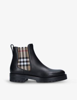 BURBERRY BURBERRY WOMEN'S BLACK/COMB ALLOSTOCK VINTAGE CHECK-DETAIL LEATHER CHELSEA BOOTS,47136886