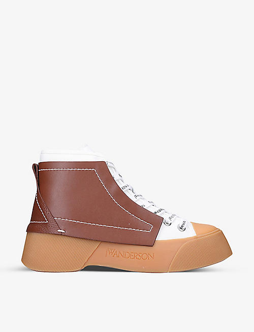 JW ANDERSON: Topstitched leather and canvas high-top trainers