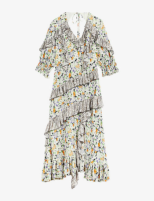 TED BAKER: Scilly floral-print asymmetric woven midi dress