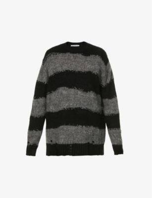 Acne Studios Womens Grey Black Kaila Distressed Striped Knitted Jumper M