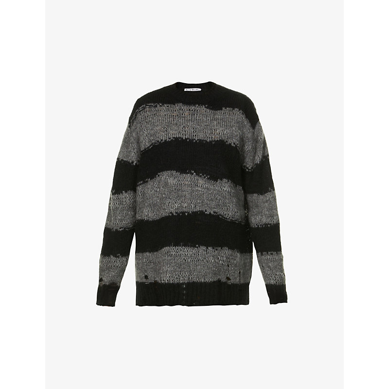 Acne Studios Womens Grey Black Kaila Distressed Striped Knitted Jumper M