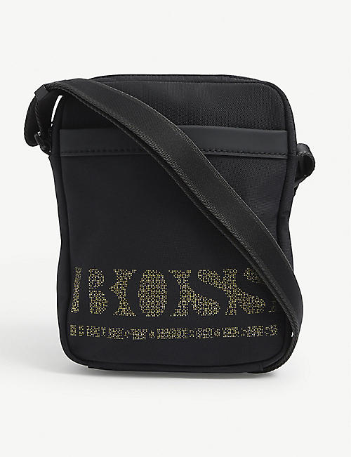 BOSS: Pixelated logo-print recycled polyester pouch bag