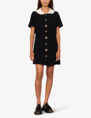 Shop Sandro Womens Noir / Gris Peter Pan-collar Organic Cotton-blend Tweed Mini Dress