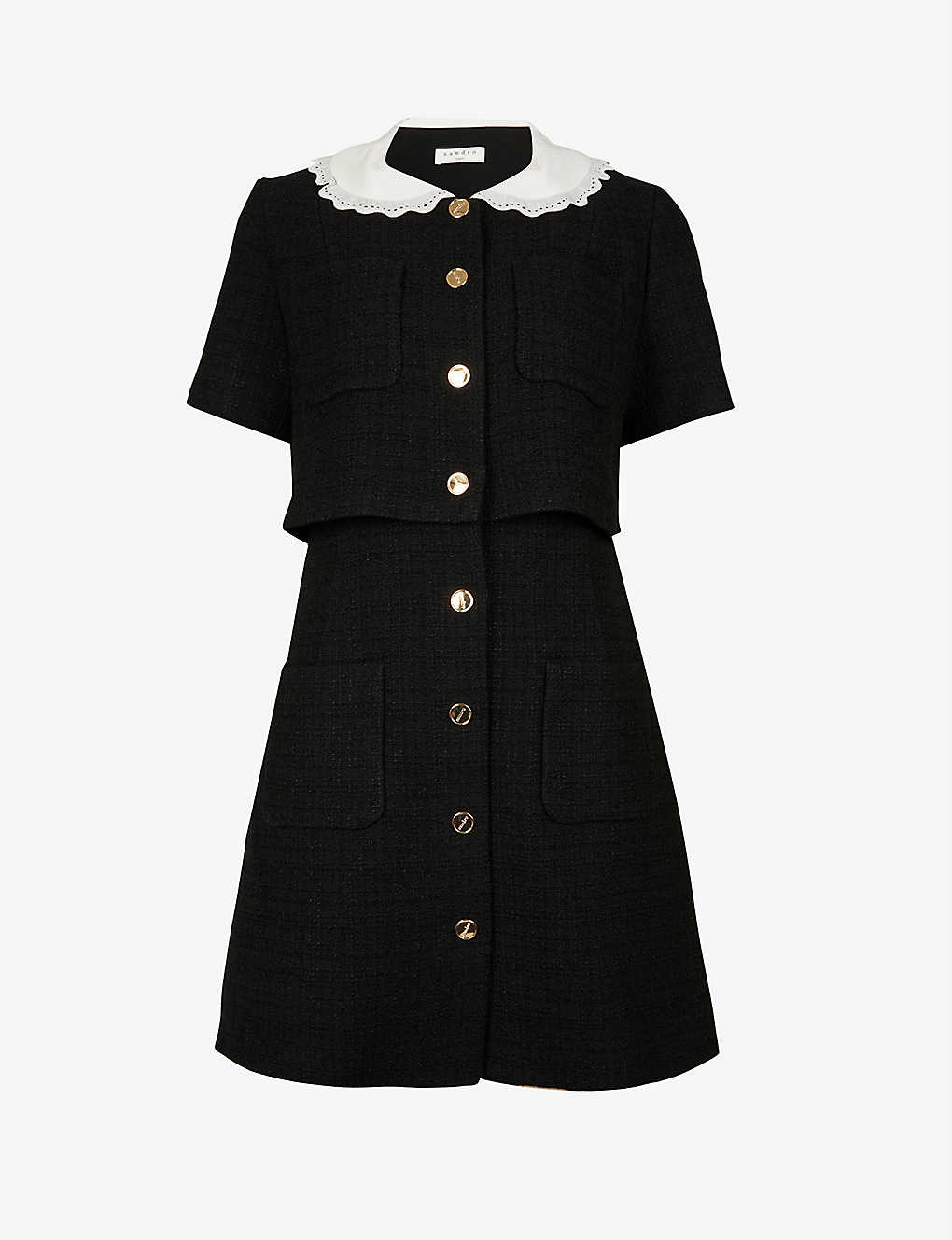 Shop Sandro Women's Noir / Gris Peter Pan-collar Organic Cotton-blend Tweed Mini Dress
