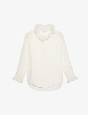 Shop Sandro Womens Naturels Haby Ruffled Collar Silk Shirt In White